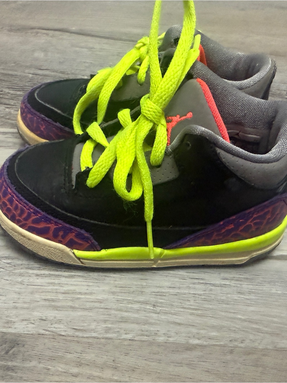 Air Jordan Kids 3 Black Sneakers with Neon Yellow Laces and Purple Accents